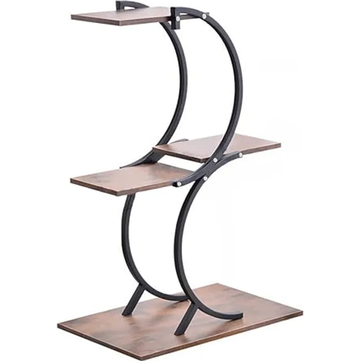 relaxdays Blumenständer Pflanzenständer, Industrial Design aus pulverbeschichtetem Eisen und MDF in Dunkelbraun, für bis zu 5 Pflanztöpfe, schwarz