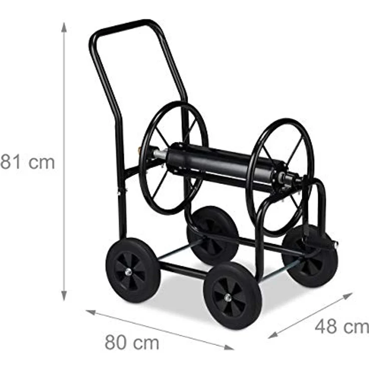 Relaxdays Schlauchwagen Metall, 4 Gummiräder, XL Schlauchtrommel, Kurbel, für 60m Schlauch, HBT 81 x 48 x 80 cm, schwarz – Bild 4