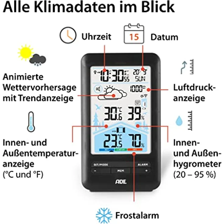ADE Wetterstation Funk mit Außensensor und Funkwecker | mit Lüftungsempfehlung | Hygrometer, Thermometer | 2 Weckzeiten | animierte Wettervorhersage | Schlummerfunktion | LCD-Farbdisplay - Preisvergleich – Bild 2