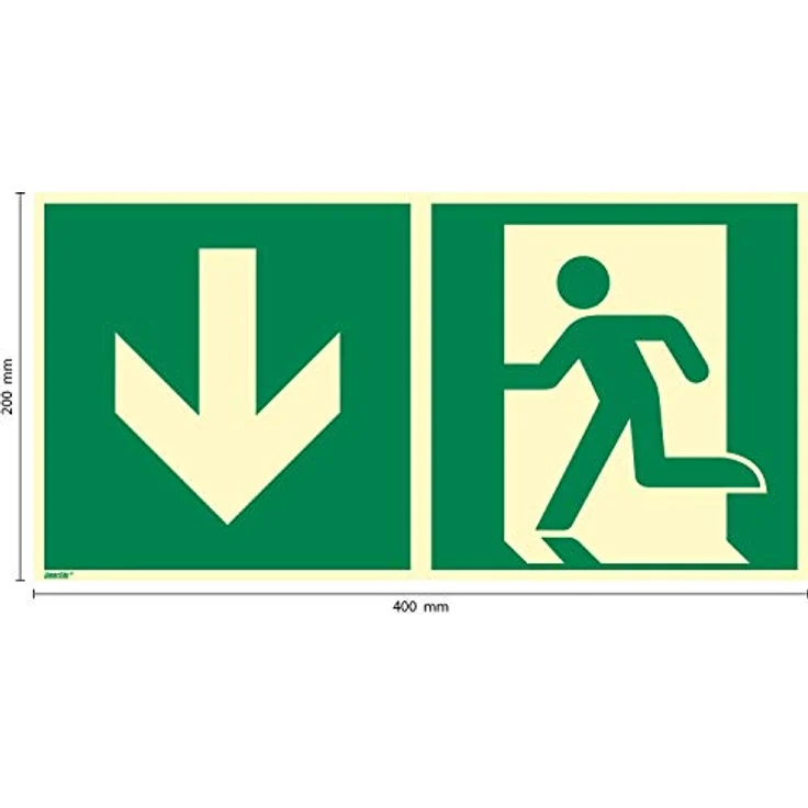 Marahrens Notausgang abwärts, langnachleuchtender Aufkleber aus selbstklebender PVC-Folie, 400 × 200 mm, normgerecht nach ASR A1.3 / ISO 7010 E001, für Innen- und Außenbereich – Bild 2