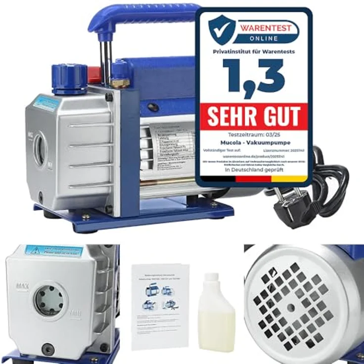 Mucola Vakuumpumpe Unterdruckpumpe für Klimaanlagen, 70 L/min, Aluminiumgehäuse, Silber/Blau, inkl. Ölflasche – Bild 3