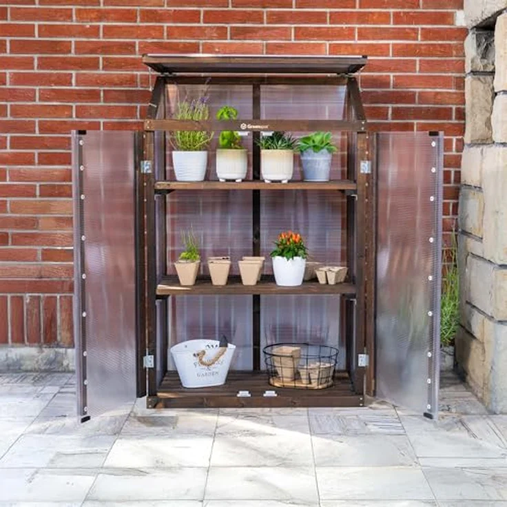 Greenspot Mini-Gewächshaus für Balkon und Terrasse, 80 x 42 x 120 cm, stabil mit 3 Regalen, Dark Rosewood – Bild 6