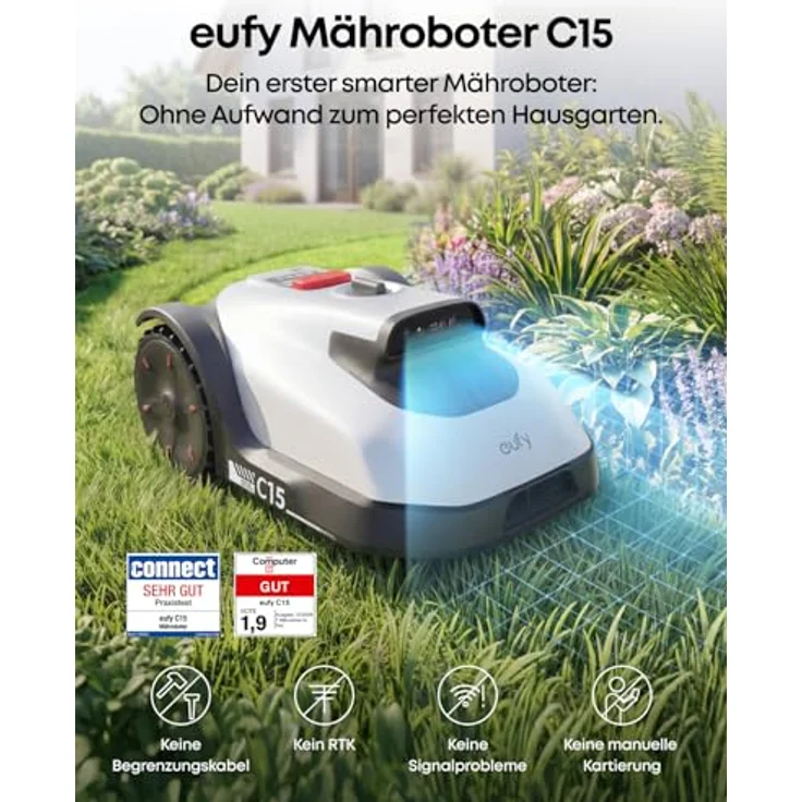 eufy Rasenmähroboter C15, kabelloser Mähroboter bis 500 m², Auto-Kartierung, intelligente Navigation, präzises Randmähen, mit Garage – Bild 2