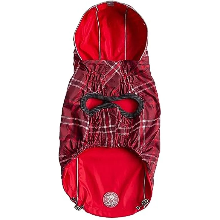 GF Pet Hunde-Regenmantel, Elasto-Passform, wendbar, für Hunde, wasserdichte Kapuzenjacke, rotes Karomuster, Größe XL – Bild 4