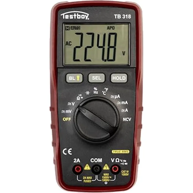Testboy 318 Digital Multimeter für Photovoltaik Anlagen (LED-Taschenlampe, 40-mm-Display, bis 1500 V Gleichspannung, bis 1000 V Wechselspannung, bis 2 A AC/DC)
