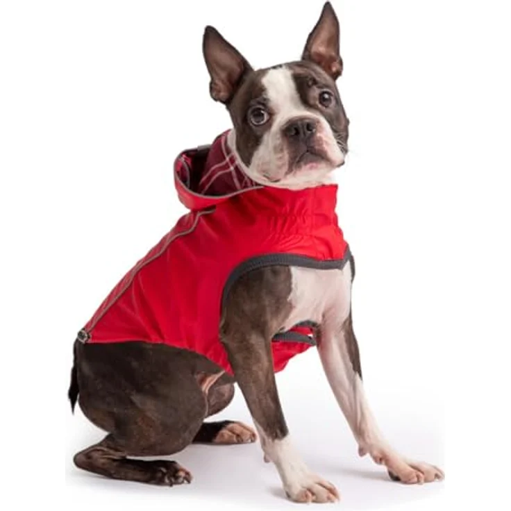 GF Pet Hunderegenmantel Elasto-Fit Wendemantel für Hunde wasserdichte Kapuzenjacke - Rot Plaid - Klein – Bild 4
