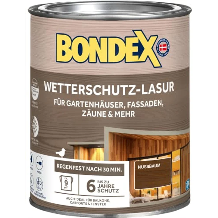 Bondex Wetterschutz Lasur Nussbaum 0,75 L für 9 m² | Tropf- und Spritzgehemmt | Exzellenter UV-Schutz | Sichere Anwendung ab 2 °C | seidenmatt | Wetterschutzlasur | Holzlasur – Bild 1