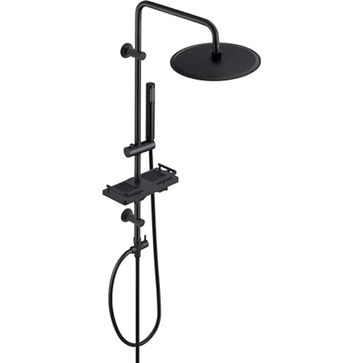 Görbach Edelstahl Duschset Regendusche ohne Armatur, Duschsystem mit verstellbarer Duschstange, Kopfbrause 25 cm und Duschablage in Schwarz – Bild 1