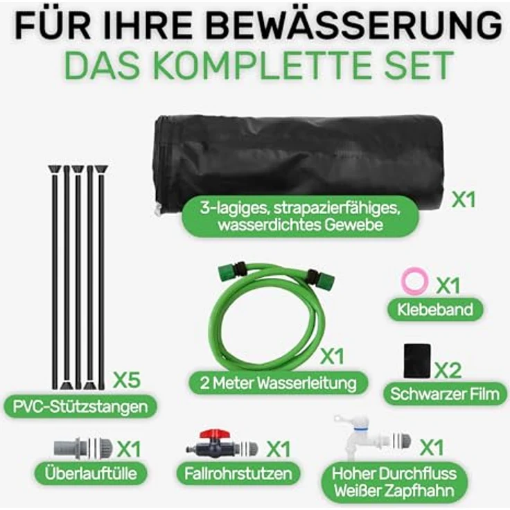 Melko Regentonne faltbar 380L mit Auslaufhahn, PVC Stützstangen & 2 m Wasserschlauch - Mobiles Regenfass, Überlaufschutz, witterungsbeständig - für Gartenbewässerung – Bild 3