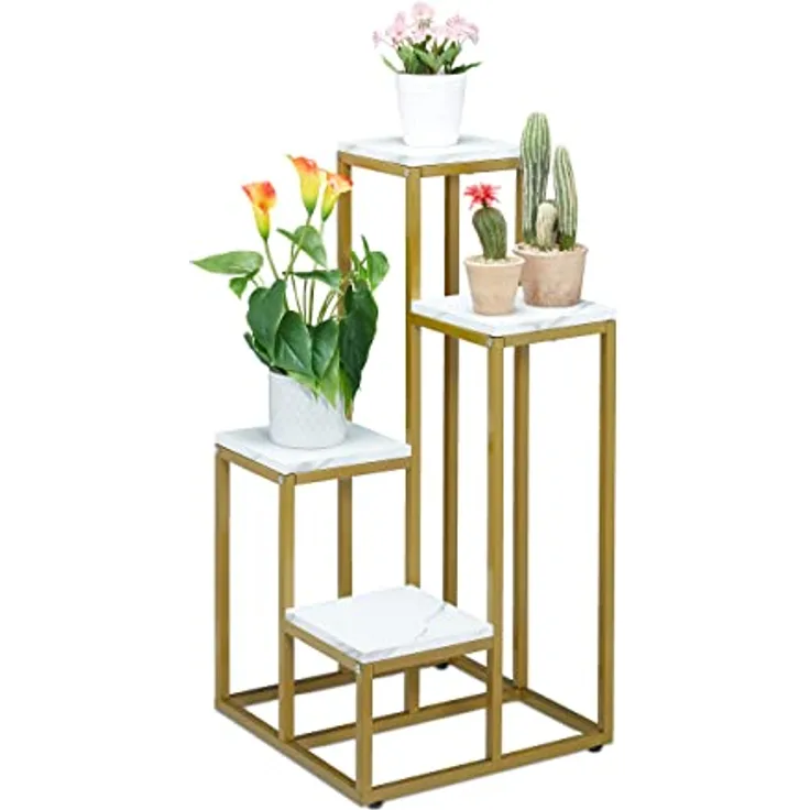 Relaxdays Blumentreppe, 4 Ablagen, HxBxT: 80 x 40 x 40 cm, platzsparend, Stahl und MDF, Design Blumenetagere, Gold/weiß