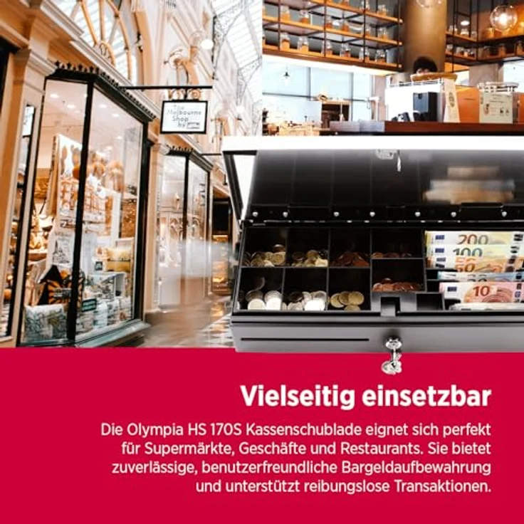 Olympia HS 170S Kassenschublade | Abschließbare Geldkassette mit RJ12-Kompatibilität | 8 Münz- & 6 Scheinfächer | Metallgeldbox für Handel & Gastronomie | 46x17x10 cm – Bild 5