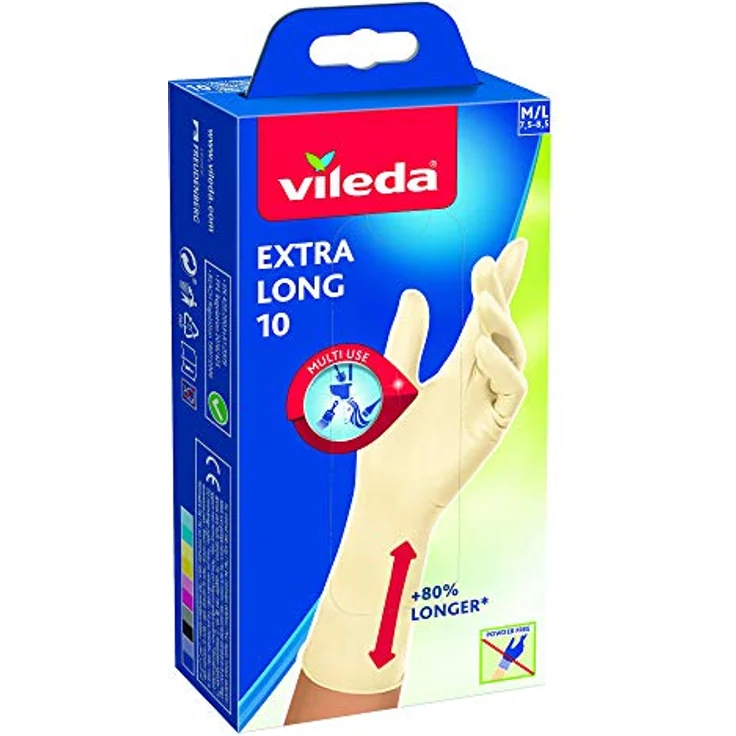 Vileda Extra Long 10 Handschuhe, Latex, Größe M/L, 80% längerer Schaft, bakterieller Schutz, reißfest, puderfrei – Bild 1