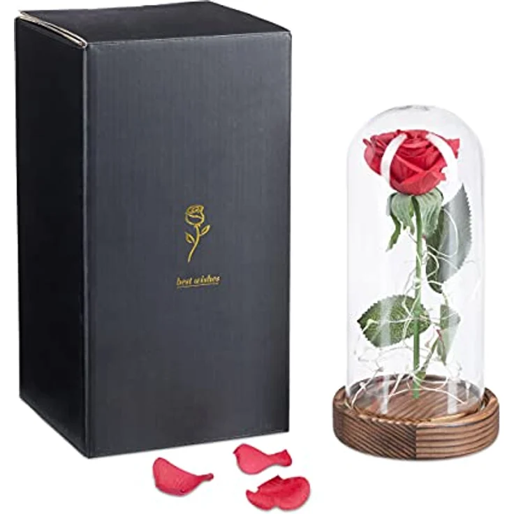 relaxdays Kunstblume Ewige Rose im Glas mit Licht, Höhe 22 cm, handgefertigt aus hochwertigen Materialien, romantische Atmosphäre (Rot) – Bild 7
