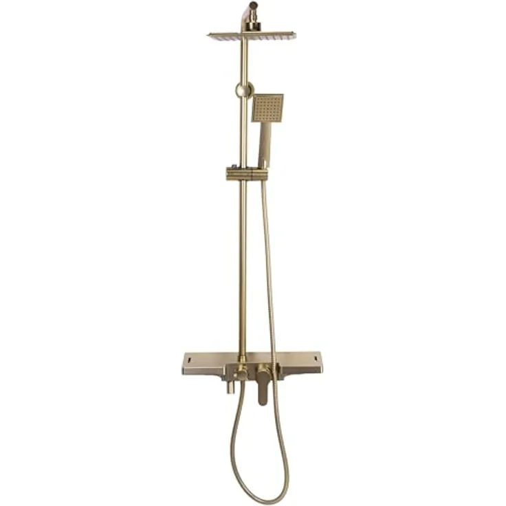 Rea Duschsystem Bravo Brush, Duscharmatur mit Duschkopf und Kopfbrause, Messing, gebürstetes Gold, Anti-Kalk Düsensystem, drei Funktionen, Aufputzmontage – Bild 4