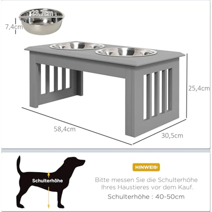 PawHut Hundenapf mit 2 Näpfe, 2 L Futterschüssel, erhöhter Katzen Futternapf, Pflegeleicht, Edelstahl Grau, 58,4 x 30,5 x 25,4 cm – Bild 5