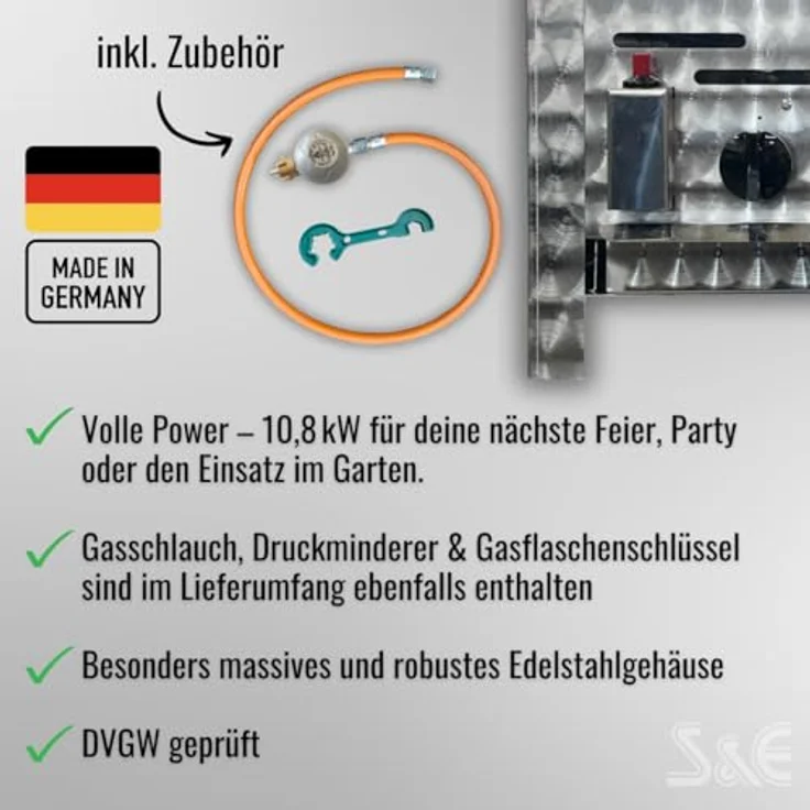 Bluecraft Edelstahl Gastrobräter 3-flammig mit Pfanne, 10,8 kW Leistung, inkl. Gasschlauch, Druckminderer & Gasflaschenschlüssel, Made in Germany – Bild 4