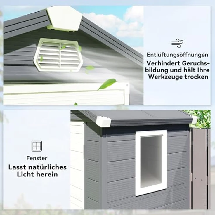 Outsunny Gerätehaus 1,1m², Geräteschuppen mit Satteldach, dunkelgrau, abschließbare Tür, Belüftungsöffnungen, inkl. Fundament, 133 x 102 x 208 cm – Bild 4