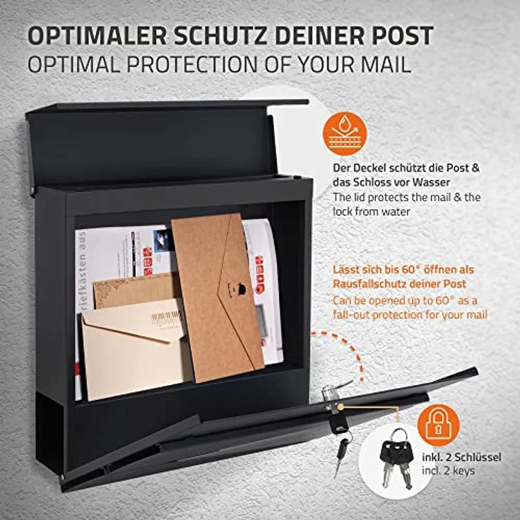 ML-Design Briefkasten Anthrazit/Silber, Edelstahl pulverbeschichtet, 37x37 cm, Postkasten mit Zeitungsfach, Abschließbar 2 Schlüssel, Design Wandbriefkasten mit Zeitungsrolle, Mailbox für Wandmontage – Bild 3