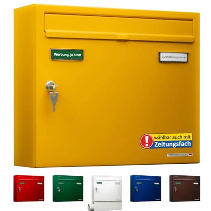 AL Briefkastensysteme Basic 1er Briefkasten RAL 1003 Signal Gelb wetterfest mit Posthaltebügel und 2 Namensschildern – Bild 1