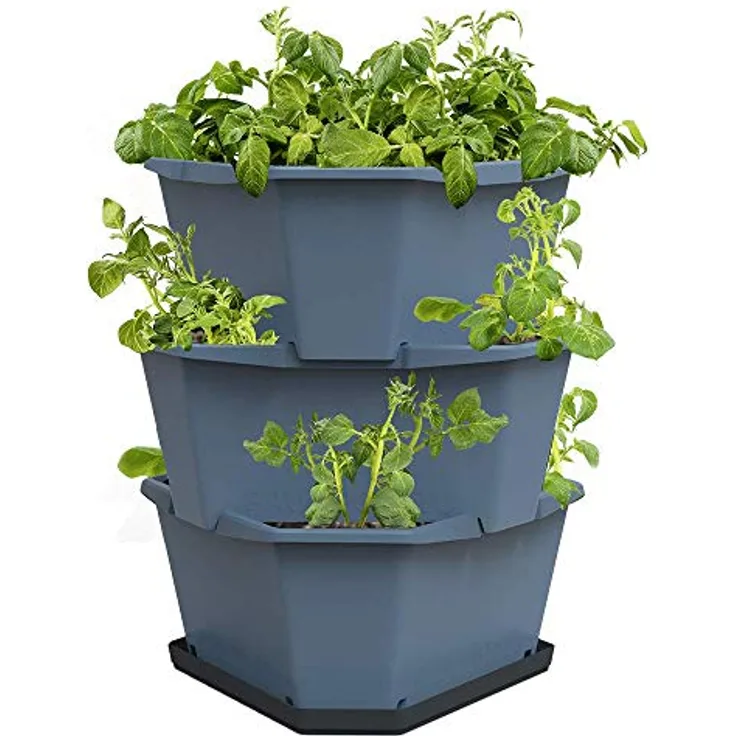 GUSTA GARDEN Paul Potato Starter Kartoffelturm - stapelbar - Hochbeet/Pflanzgefäß/Blumentopf für Balkon, Garten und Terrasse (3 Etagen, Blau) inkl. Untersetzer