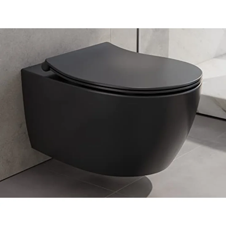 Aqua Bagno | Spülrandloses Hänge-WC, Keramik Toilette in schwarz matt, Wand-WC, Tiefspüler WC, randlos | 51 cm lang – Bild 2
