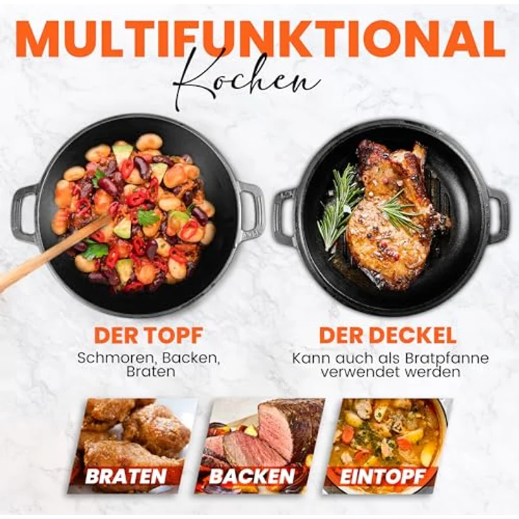 KICHLY 2 in 1 Gusseisen Dutch Oven, Vorgewürzter 5 QT mit Grillpfannendeckel – Ideal zum Brot Backen, Kochen, Braten, Schmoren & Grillen im Innen- und Außenbereich – Bild 4