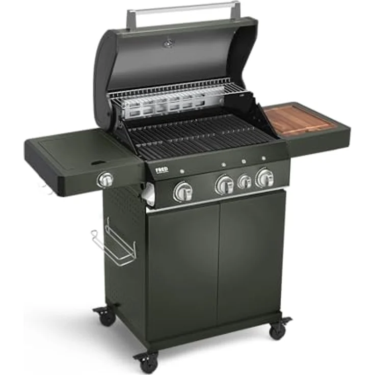 BURNHARD 3-Brenner Gasgrill FRED Green, inkl. 900°C Infrarot-Keramikbrenner, Seitenkochfeld, Gusseisen-Grillrost, klappbare Seitentische und Grillabdeckung – Bild 2
