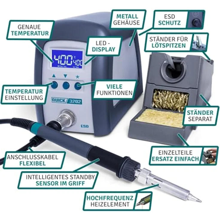Quick 3202 Digital Regelbare ESD Hochfrequenz-Lötstation 90 Watt inkl. Lötkolben mit 1 mm Lötspitze und Zubehör- 100°-550°C-Kalibrierbar- 3 Festspeicher-Auto-Standby-Passwort - Schutz – Bild 8