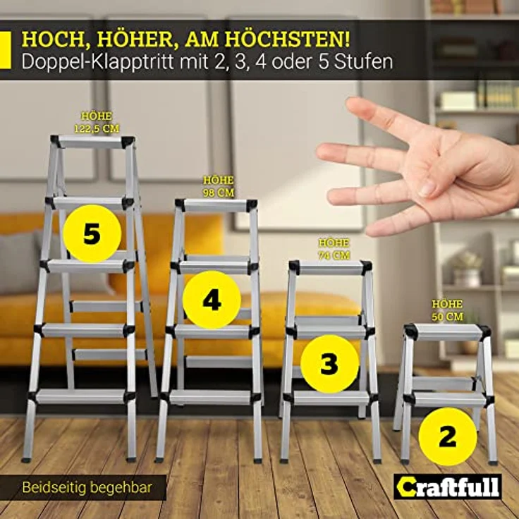 Craftfull Doppel-Klapptritt CF-131A Trittleiter Stufenstehleiter Alu Leiter (2 x 4 Stufen) – Bild 4
