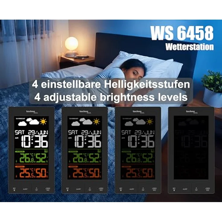 TECHNOLINE WS 6458 Wetterstation, Funkwetterstation mit farbigem LED-Display, Innen- und Außentemperatur, Luftfeuchtigkeit, Wettervorhersage und DCF-77 Funkuhr – Bild 4