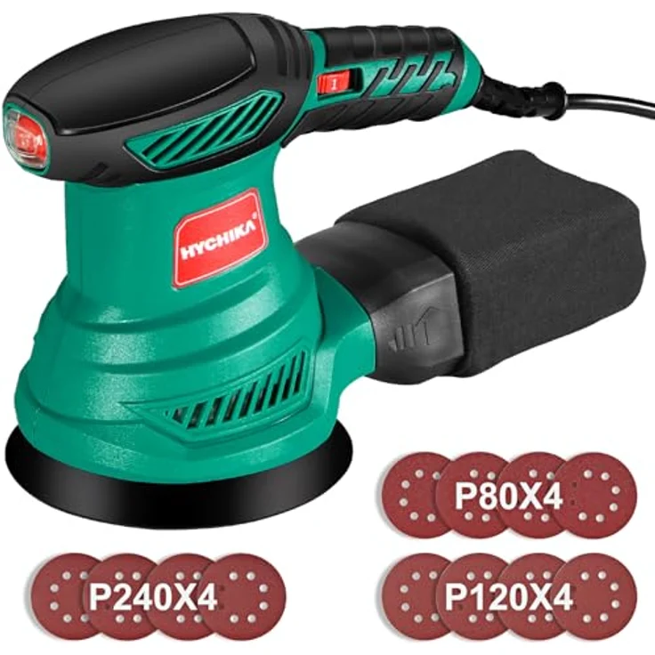 HYCHIKA Exzenterschleifer 300W, Schleifmaschine mit 6 Gängen, 6000-13000 U/min, 12 Schleifpapiere 125mm, Staubabsaugung und Staubfangbehälter – Bild 1