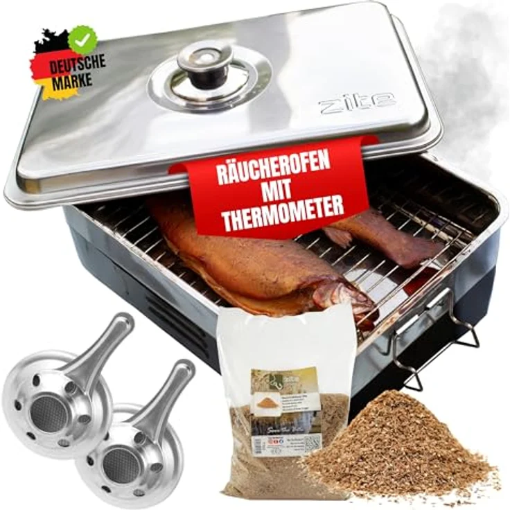 Zite Fishing Tischräucherofen Edelstahl mit Thermometer, inkl. 300 g Räuchermehl Buche – mobiler Smoker für Fisch, Fleisch und Käse – Bild 1