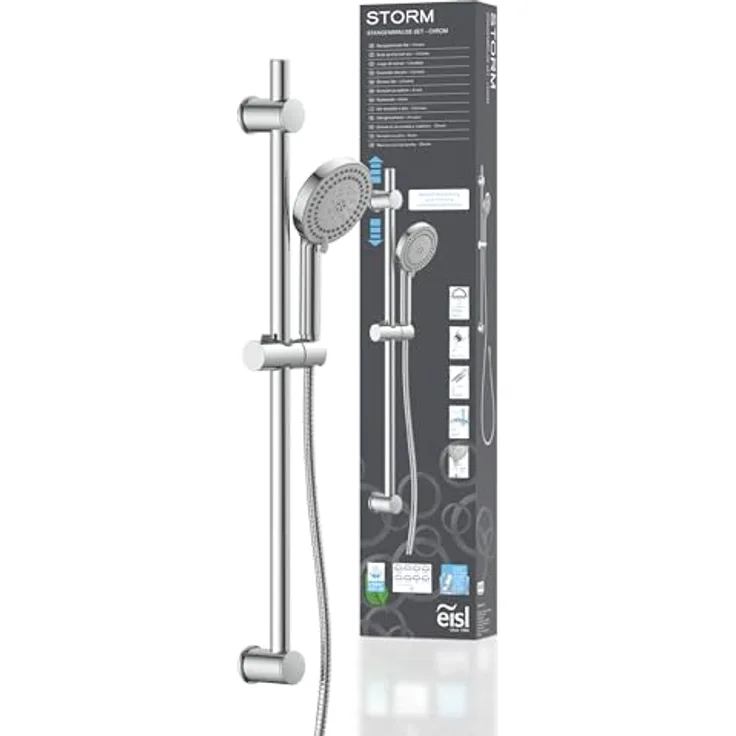 EISL DX5082CSB STORM Brausestangenset, Duschset mit Brausestange 70 cm, Duschbrause mit Schlauch und Halterung, Duschkopf mit 8 Funktionen, Duschstange mit Brause, Chrom