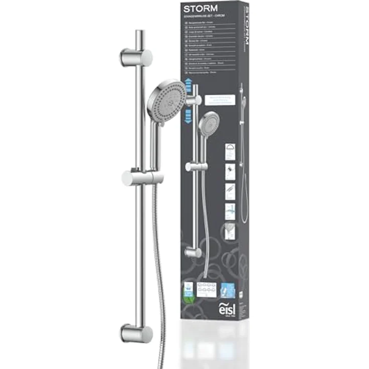 EISL DX5082CSB STORM Brausestangenset, Duschset mit Brausestange 70 cm, Duschbrause mit Schlauch und Halterung, Duschkopf mit 8 Funktionen, Duschstange mit Brause, Chrom – Bild 1