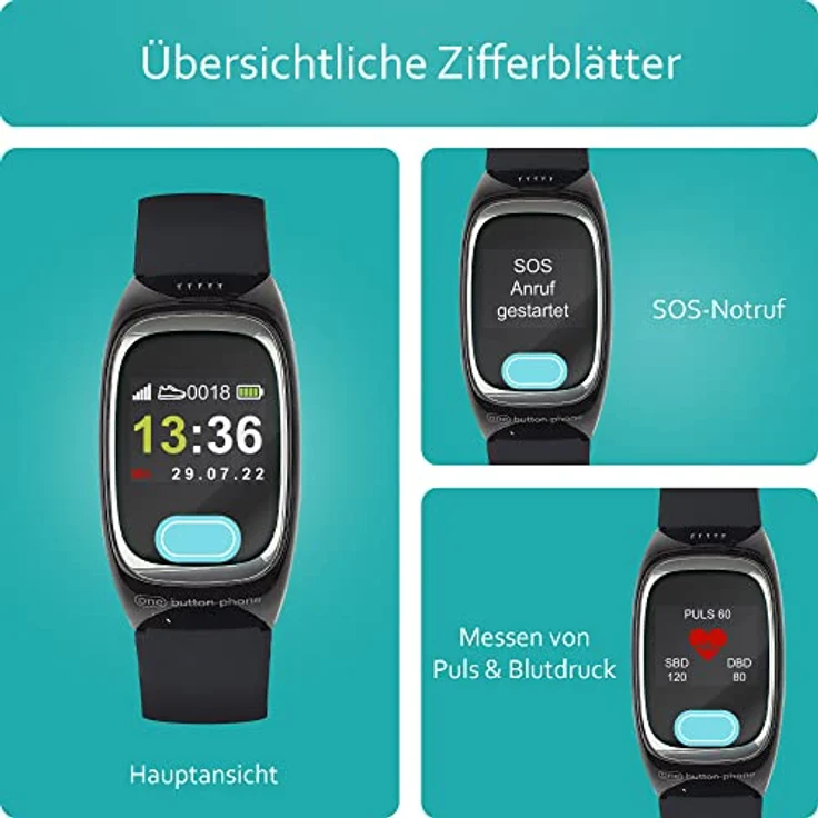 one button phone – Notrufuhr mit Ortung und Telefonfunktion, Notruf Armband für Senioren, SOS Notrufknopf, GPS Notfall Uhr, Schwarz – Bild 3