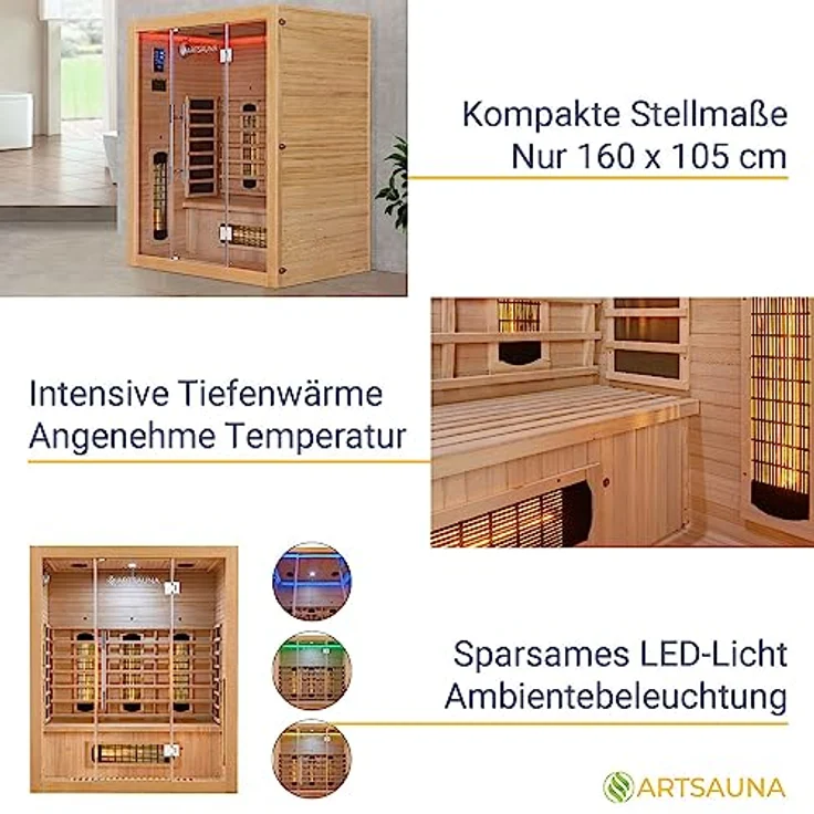 Artsauna Infrarotkabine Kiruna160 mit 6 Vollspektrum- & 3 Flächenstrahler, 3 Personen, 160x105x190 cm, LED Farblicht & Glastür, Infrarotsauna Sauna – Bild 4