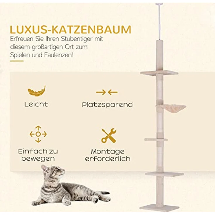 PawHut Kratzbaum Deckenhoch höhenverstellbar, Katzenbaum mit Sisalsäulen, Katzenkratzbaum, Katzen Kletterbaum, Beige, 40 x 34 x 230-260 cm – Bild 4