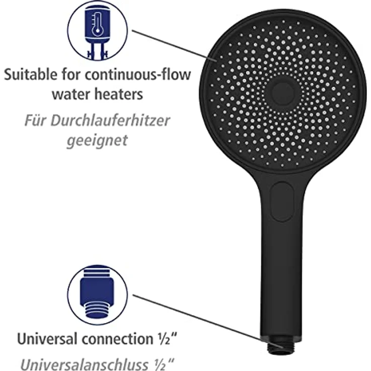 WENKO Softwater Duschkopf, 3 Strahlarten, Universalhandbrause spritzarm und leise in der Funktion, Duschbrause, super sanftes Wasser dank mehr Düsen am Brausekopf, Duschkopf Ø 13 cm, ABS Schwarz matt – Bild 5
