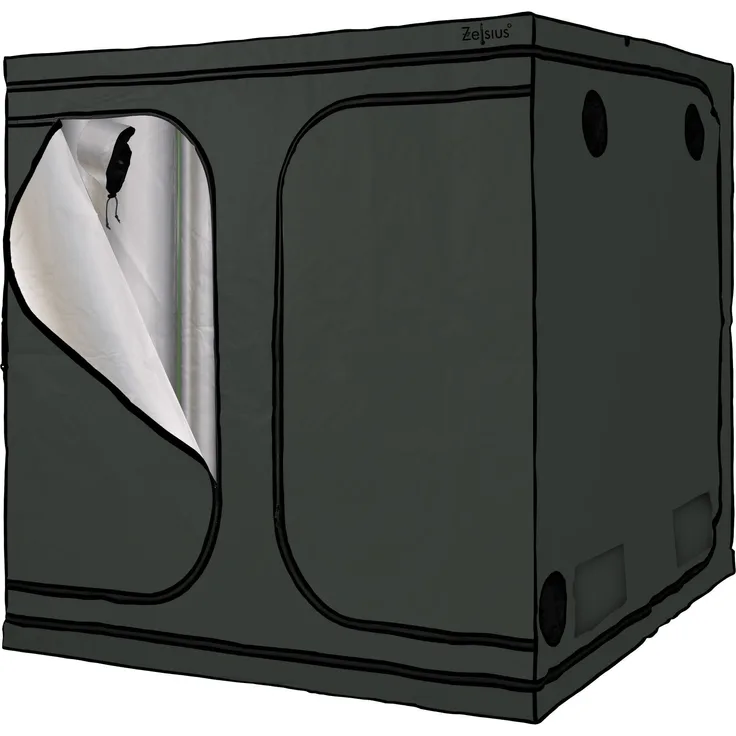 Zelsius Grow Tent 200 x 200 x 200 cm grau/schwarz, Pflanzenzucht Indoor mit hochreflektierender Folie und Belüftungsklappen