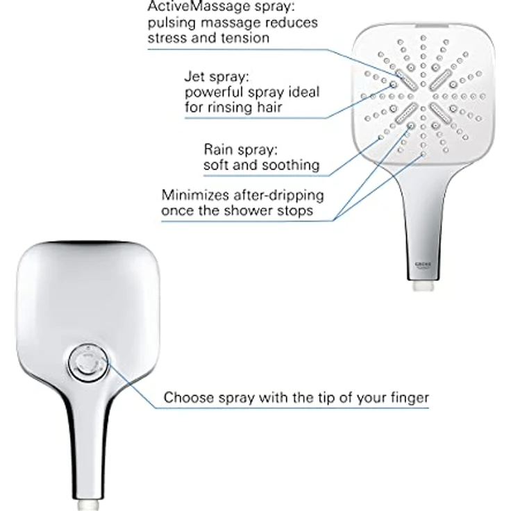 GROHE Rainshower SmartActive 130 Cube Handbrause, Moon White/Chrom, 3 Strahlarten, 8,5 l/min, DripStop, Antikalk-System – Bild 7
