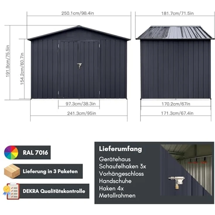 Albatros Profi Gerätehaus XL, verzinktes Metall in Anthrazit (RAL 7016), 259x189x192cm, 9,4m³, wetterfest, inkl. Schloss & Werkzeughaken – Bild 3