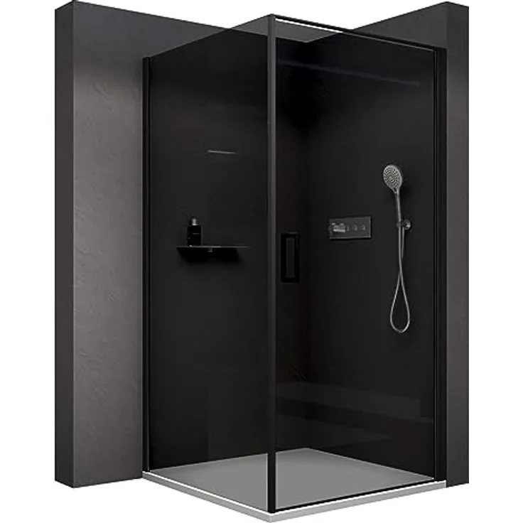NEXTREND Eckdusche NT416, Drehtür in Schwarz matt, 8 mm Nano Graues Glas, Breite wählbar, Türelement 100 cm, Glas feststehend 100 cm