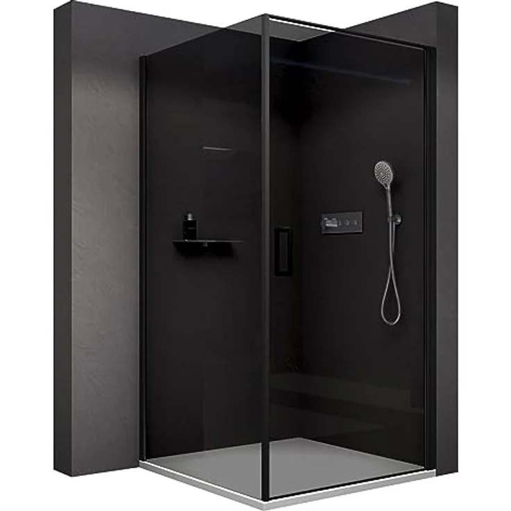 NEXTREND Eckdusche NT416, Drehtür in Schwarz matt, 8 mm Nano Graues Glas, Breite wählbar, Türelement 90 cm, Glas feststehend 90 cm – Bild 1