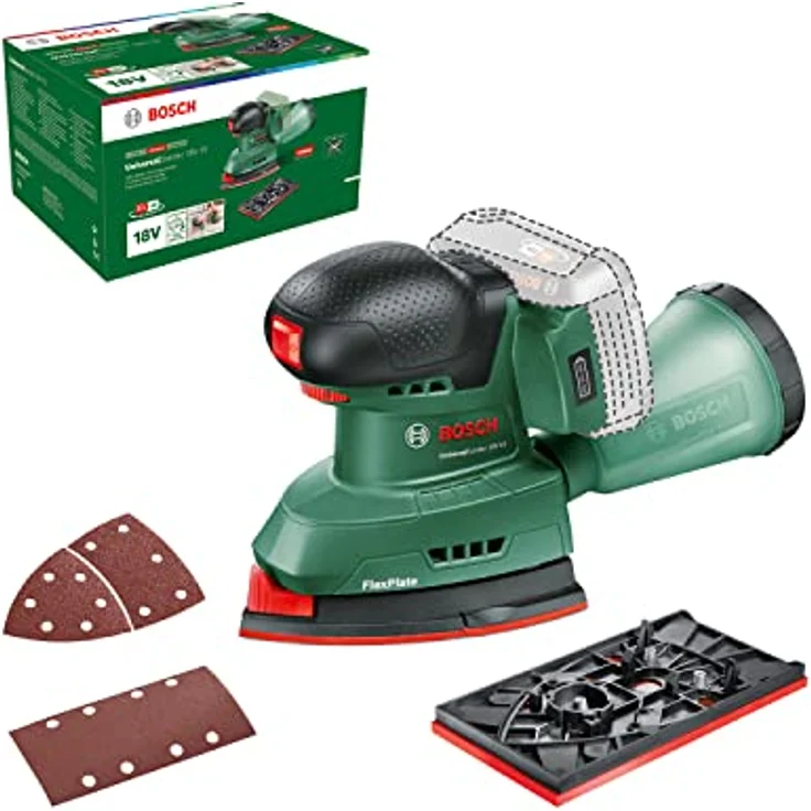 Bosch Akku-Schleifer UniversalSander 18V-10 (ohne Akku; 18 Volt System; für die DIY-Holzbearbeitung; 32x Schleifpapier; im Karton) – Amazon Edition – Bild 1