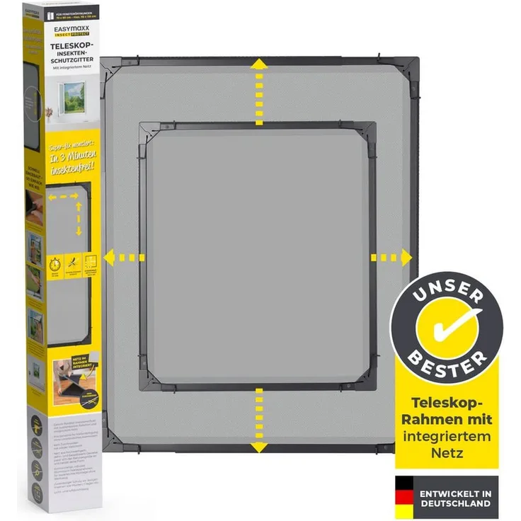 EASYmaxx Insect Protect, Teleskop-Insektenschutzgitter, anthrazit, Fliegengitter Fenster, vormontierten Rahmen, Insektenschutz
