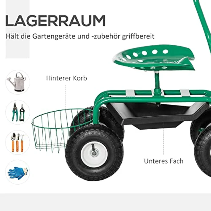 Outsunny Rollsitz 360° drehbar, höhenverstellbarer Gartenwagen mit Ablagefläche und Mobilen Rollen, belastbar bis 150 kg, Grün – Bild 3