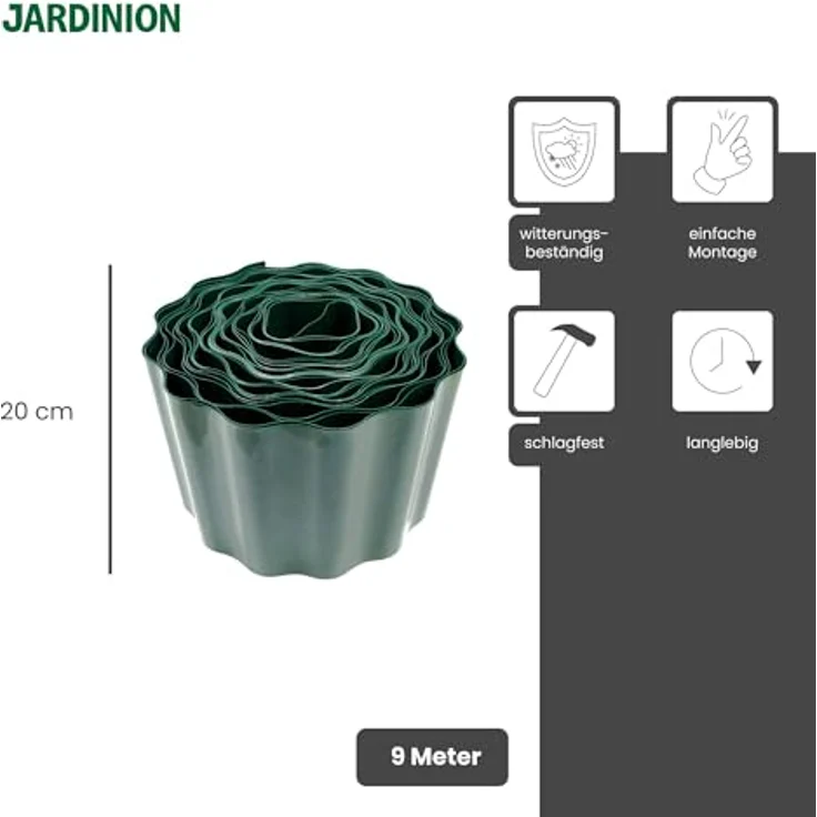 Jardinion 9m Rasenkanten, Beeteinfassung Breite 20cm Grün, Wurzelsperre, wetterbeständig und schlagfest – Bild 2