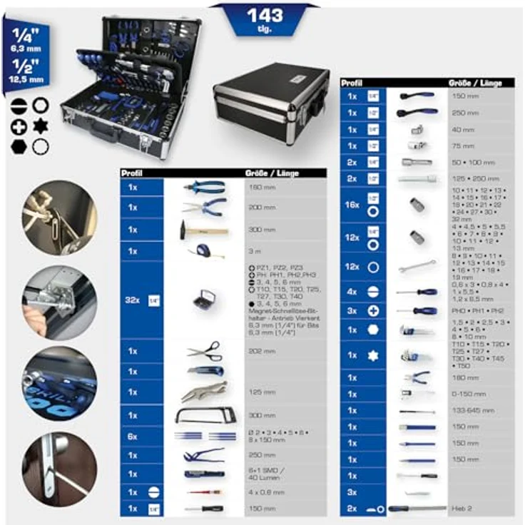 Brilliant Tools BT024143, Werkzeugkoffer 143-tlg, Aluminiumgehäuse, mit hochwertigen Chrom-Vanadium Werkzeugen, klappbar und transportabel – Bild 3