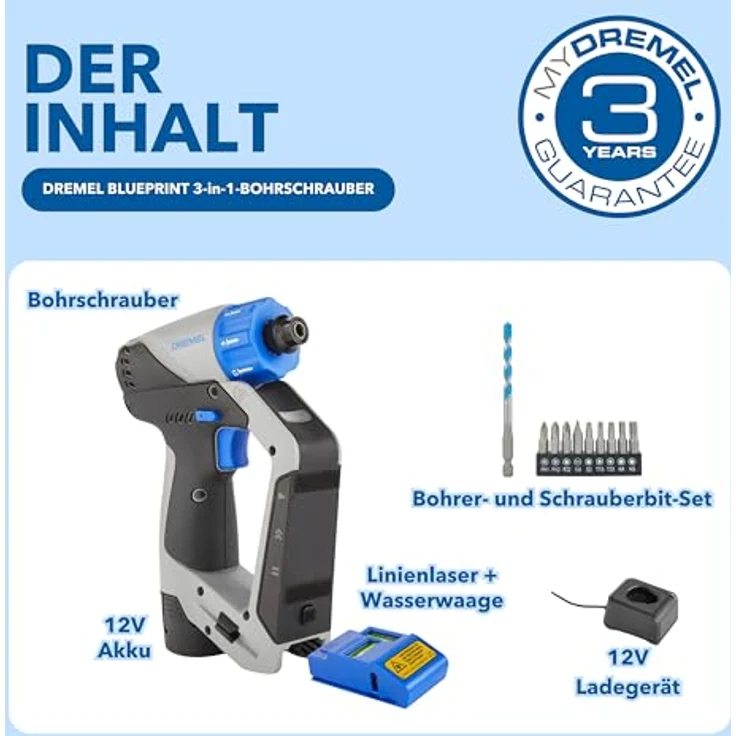 DREMEL Blueprint 12V 3-in-1 Akku-Bohrschrauber Multischrauber Set mit Ortungsgerät, abnehmbarer Linienlaser, 2.0 Ah Akku, 9 Schrauberbits, Wasserwaage und Ladegerät – Bild 3
