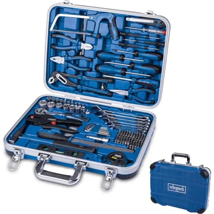 Scheppach TB173 Werkzeugkoffer gefüllt 173-tlg Werkzeug Set | Chrom-Vanadium-Stahl, ABS-Kunststoffkoffer, leicht und kompakt, blau